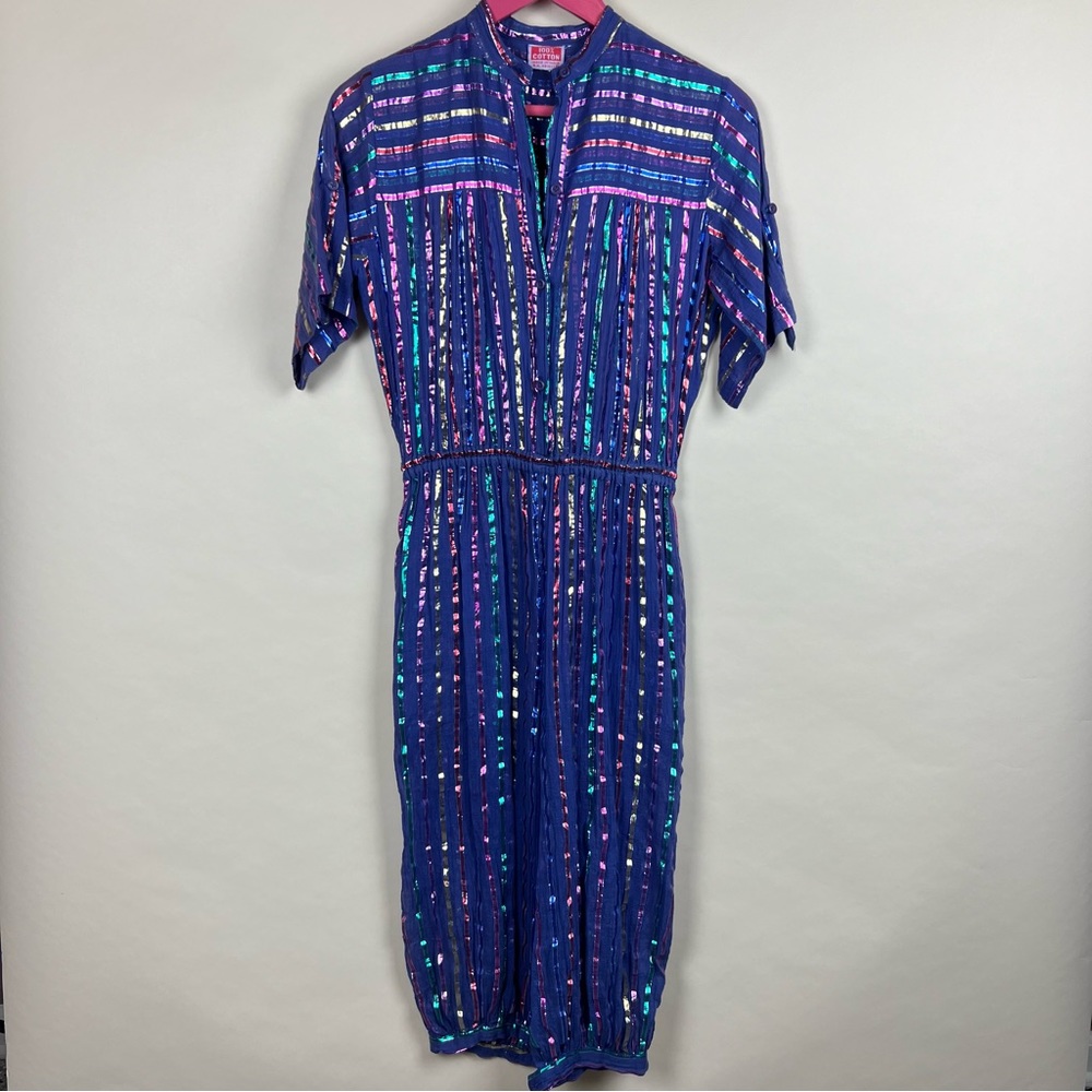 Vintage 1970s Indian Cotton Gauze Lamé Metallic Cropped Disco Jumpsuit